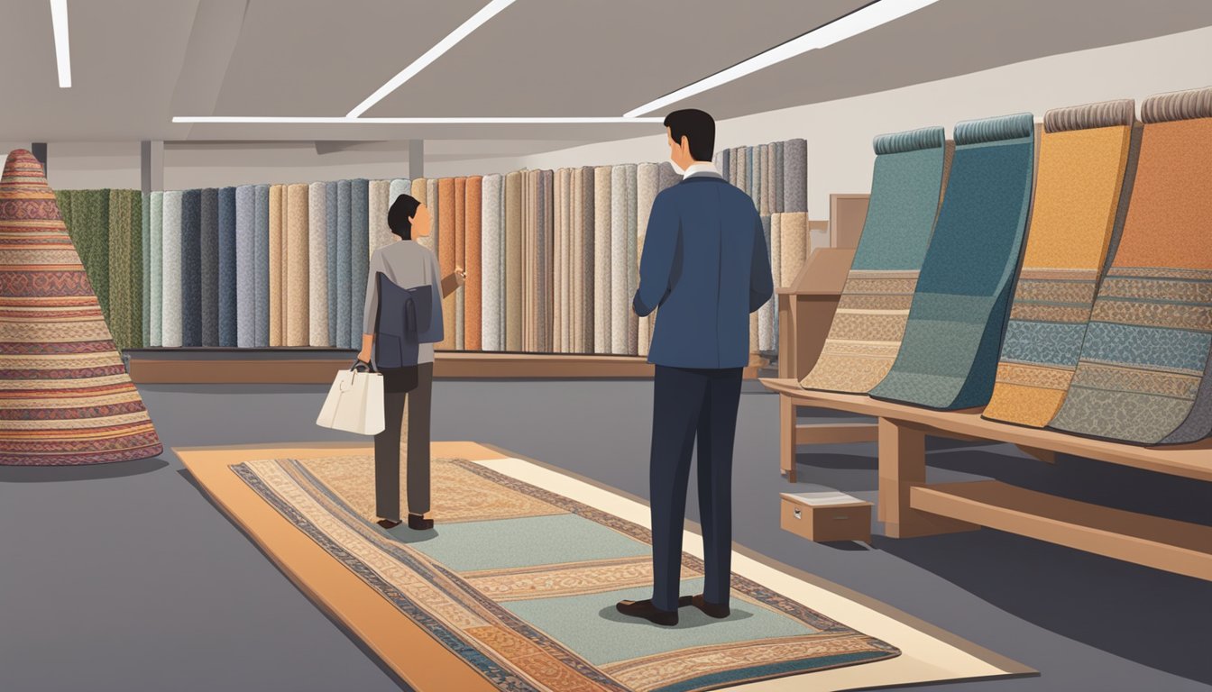 A customer browsing through a variety of carpet options at a carpet store in Singapore, while a salesperson stands ready to answer any questions
