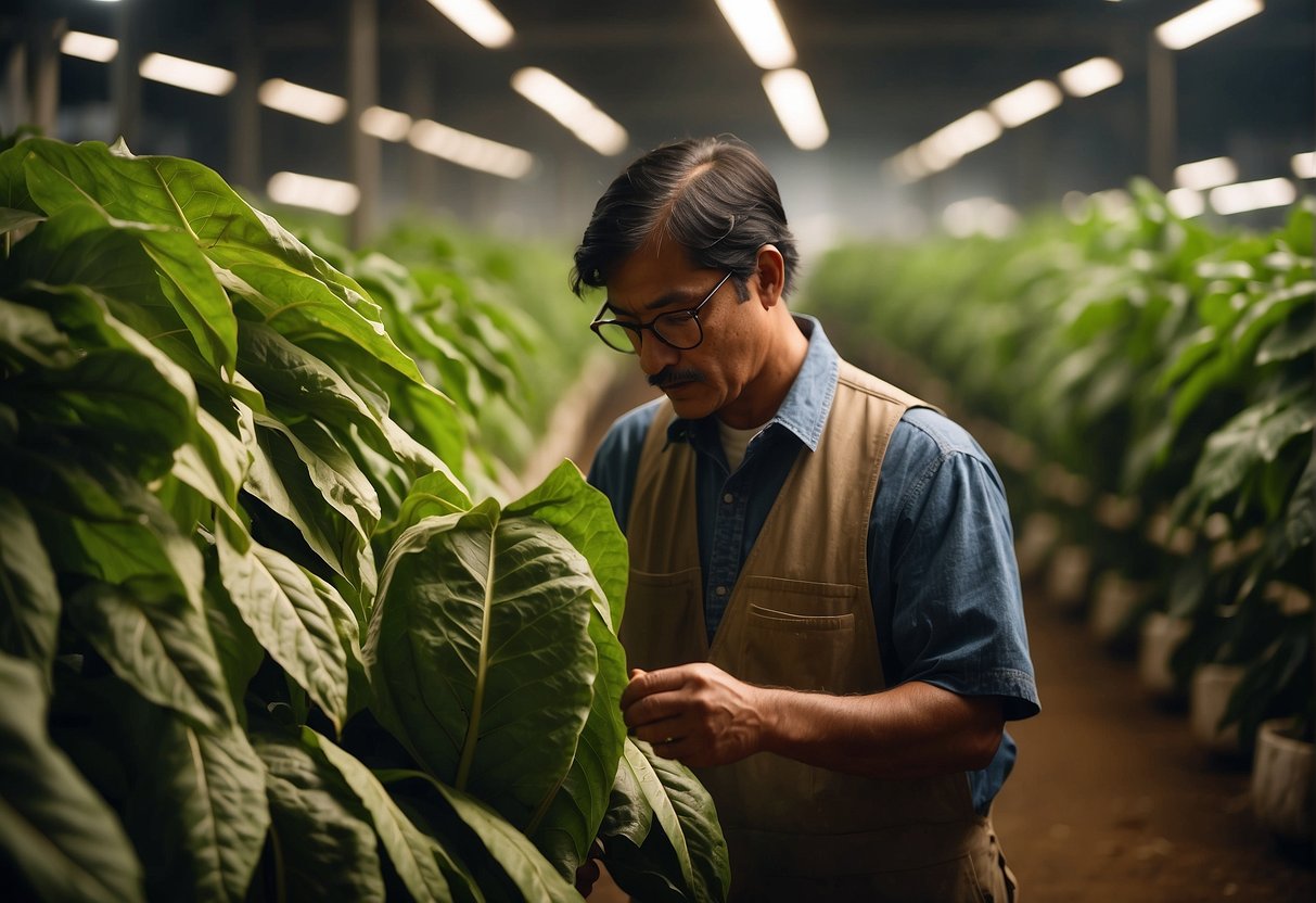Tobacco leaves hang in a warm, dry room. A worker checks the leaves for readiness, then bundles and cures them for several weeks