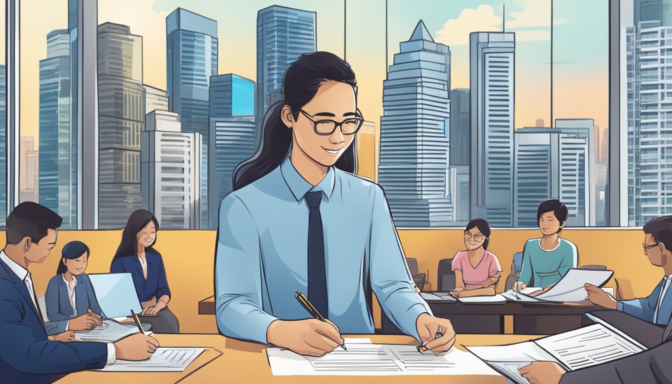 A US citizen signs a contract for a property in Singapore, surrounded by real estate agents and a bustling cityscape in the background