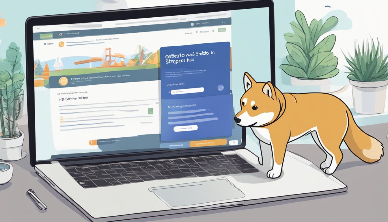 A computer screen displays a website with the title "Getting Started with Shiba Inu in Singapore" and a search bar with the text "how to buy shiba inu coin in singapore."