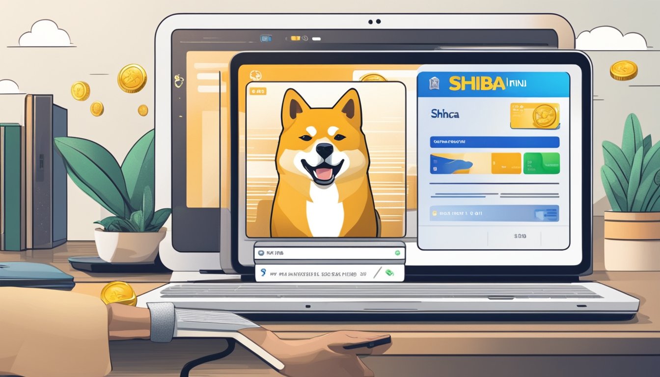 A person in Singapore buys Shiba Inu coin online using a laptop and credit card. The screen shows the purchase process with the Shiba Inu logo