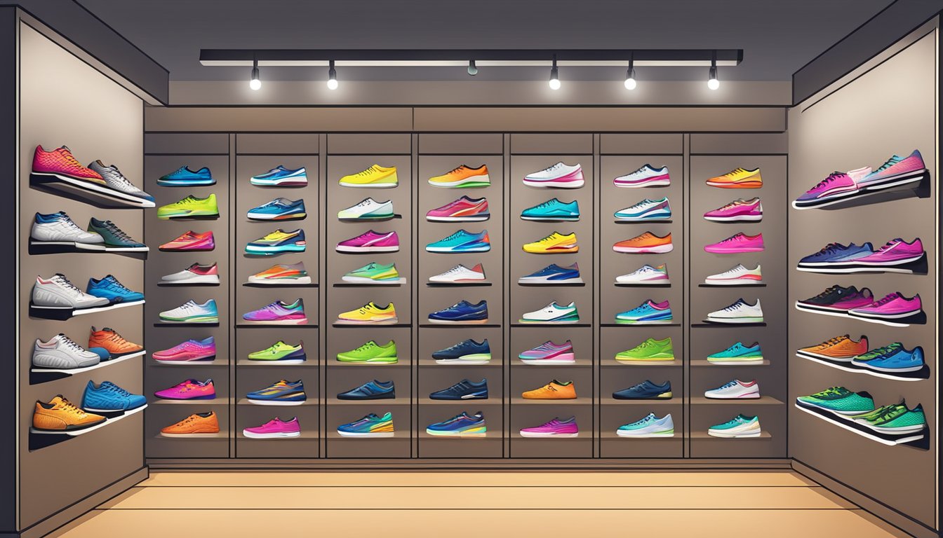 A store display showcasing a variety of badminton shoes in Singapore. Brightly lit shelves with different brands and styles to choose from