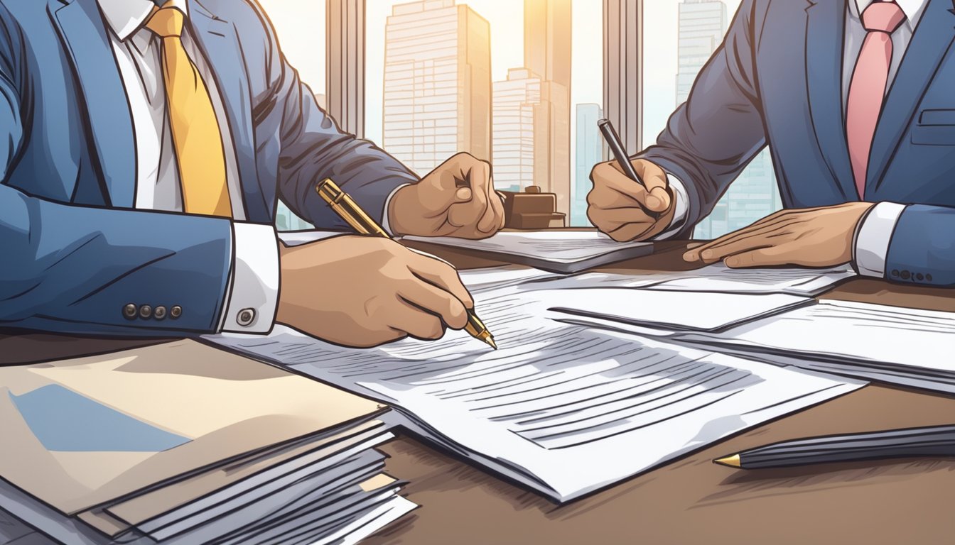 A US citizen signs a contract for a property in Singapore, exchanging money with a local real estate agent