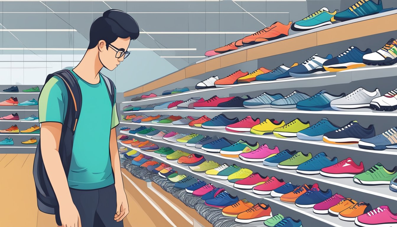 A customer browsing through a variety of badminton shoes at a sports store in Singapore, carefully examining the different styles and brands available