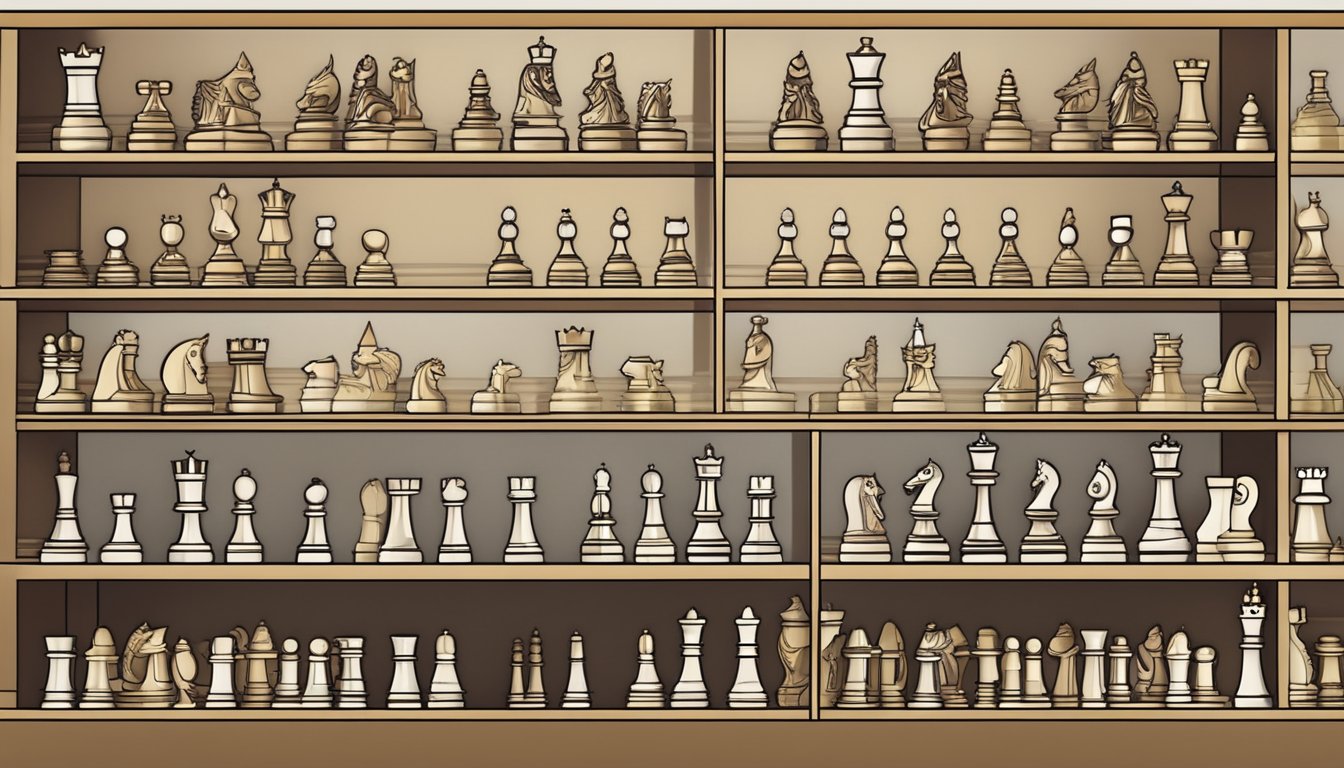 A display of chess sets in a Singaporean store, with various designs and sizes, arranged neatly on shelves for purchase
