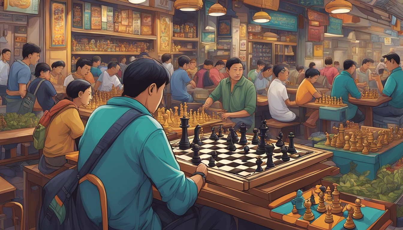 A chess enthusiast finds the perfect set in a bustling Singapore market. The vibrant colors and intricate designs catch their eye