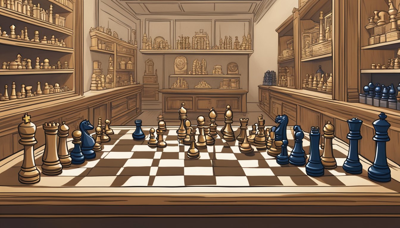 A hand reaches for a polished wooden chess set in a Singapore shop, surrounded by various boards and pieces on display