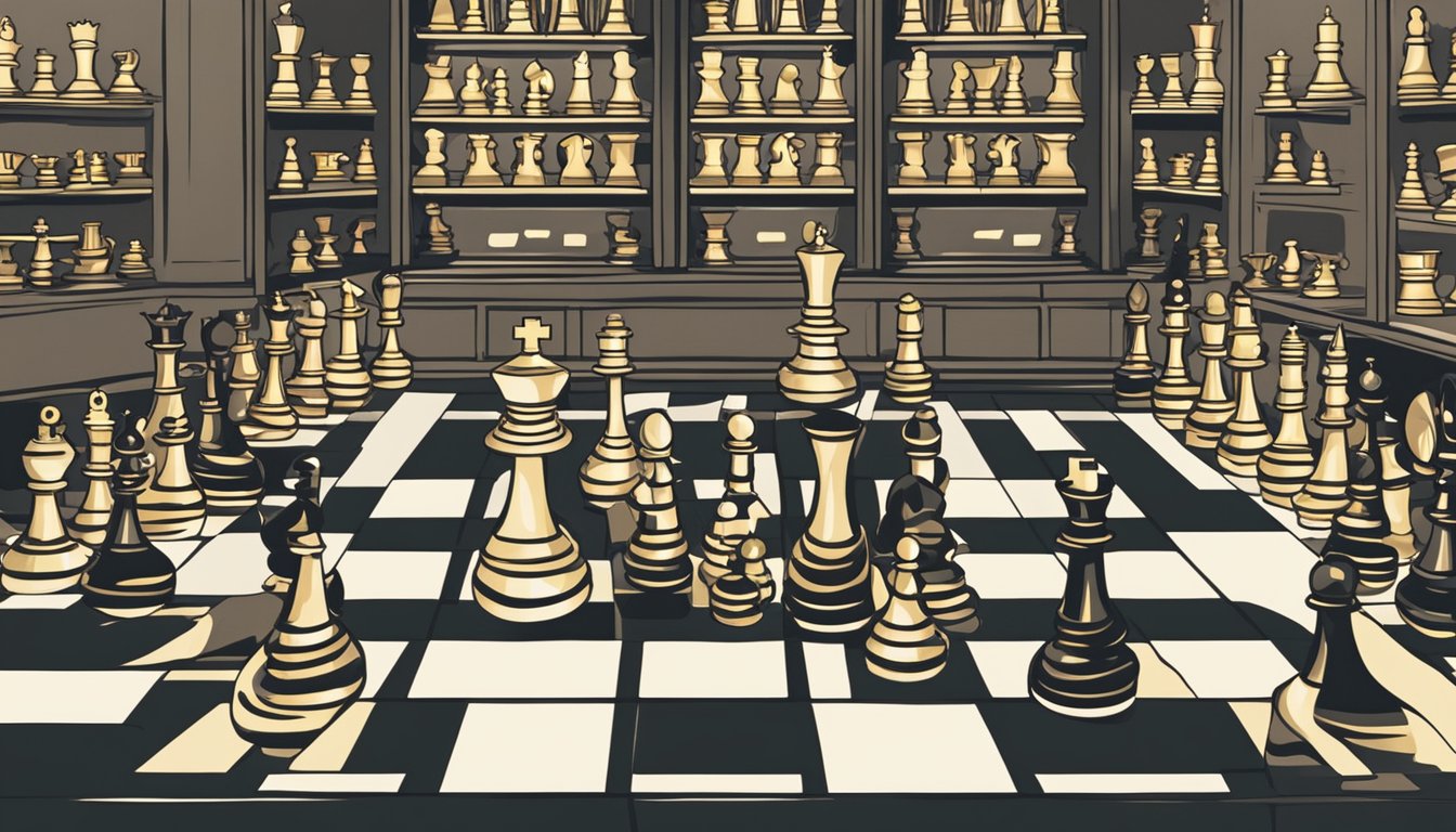 A chess set displayed in a well-lit store in Singapore, with various styles and sizes available for purchase