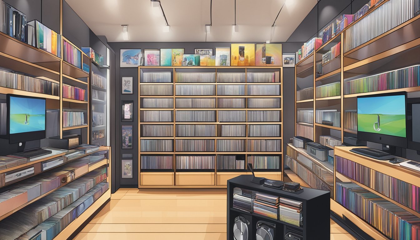 A display of CDs and accessories at a music store in Singapore. Shelves lined with various albums and headphones. Bright lighting and clean, modern decor