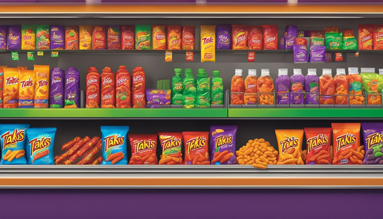 A brightly lit convenience store shelf displays various flavors of Takis, a popular spicy snack, in Singapore