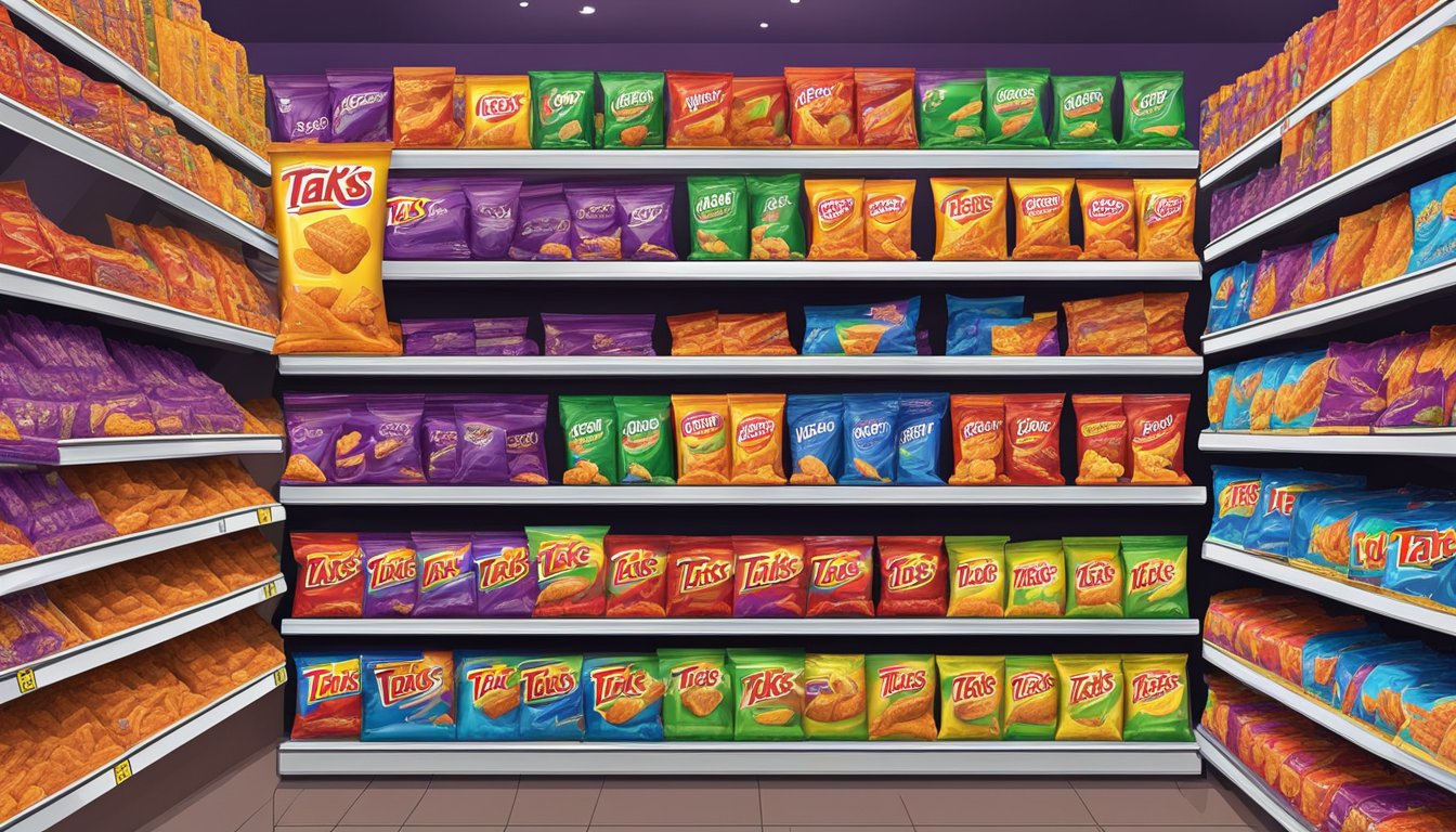 A colorful display of Takis chips in a Singaporean convenience store, with various flavors neatly arranged on shelves