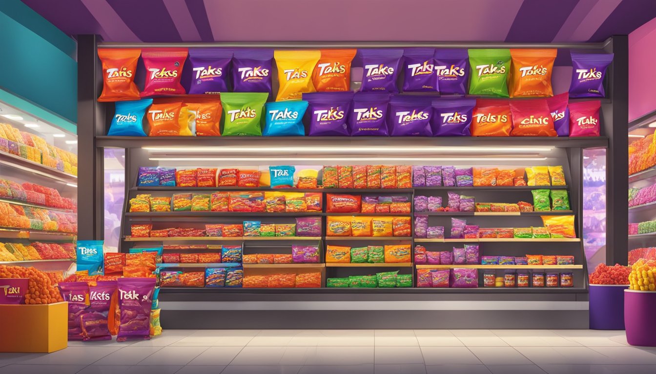 A colorful display of Takis snacks in a vibrant Singaporean market. Bright packaging and bold flavors catch the eye of passersby