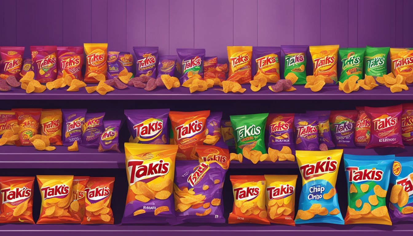 A display of Takis chips at a Singapore store, with various flavors and prices