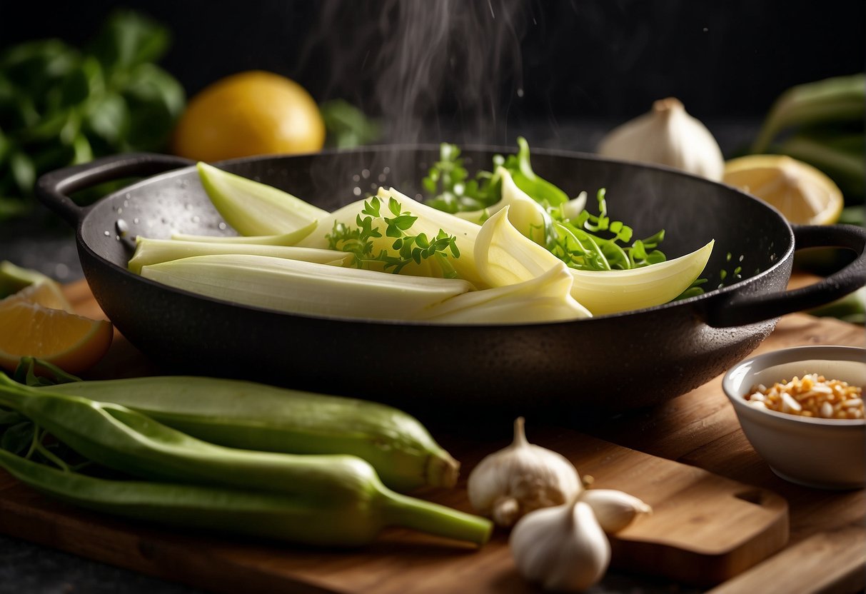 Fresh endives being washed and chopped, ginger and garlic being minced, and a wok sizzling with oil and stir-fried ingredients