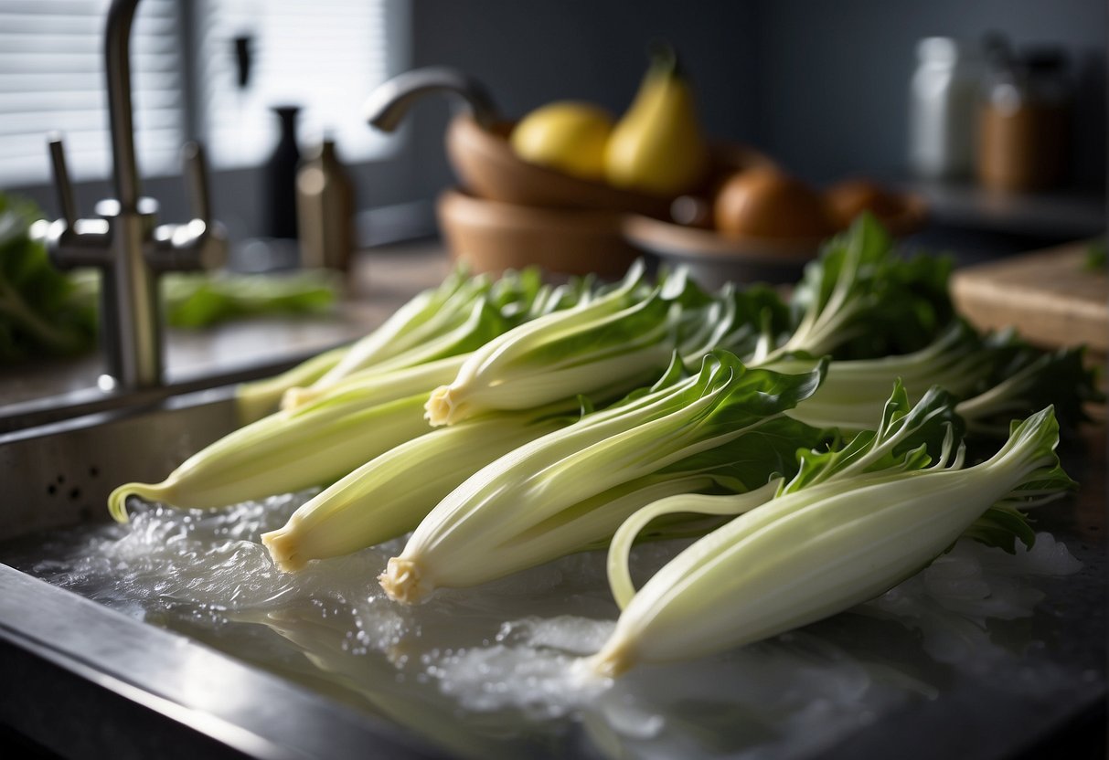 Endives are being washed and chopped for a Chinese recipe