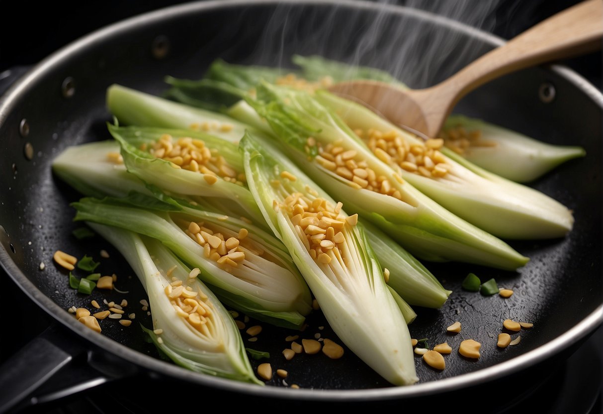 Endives are being chopped, ginger and garlic are sizzling in a wok, and soy sauce is being poured into the bubbling mixture