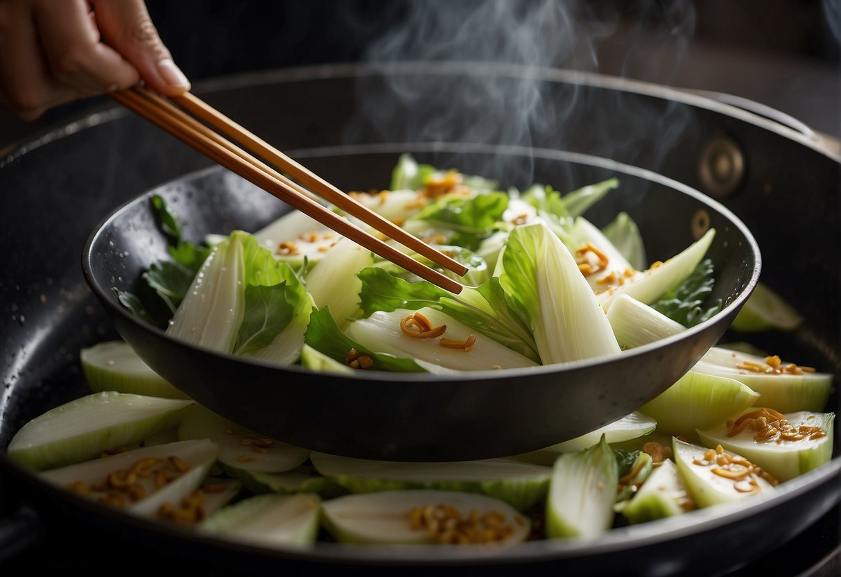 Endives are being stir-fried in a wok with garlic, ginger, and soy sauce. The chef is using chopsticks to toss the ingredients