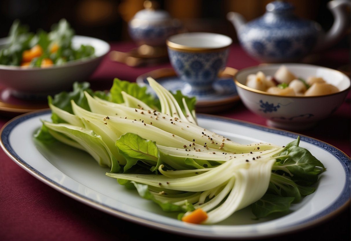 A table set with various endive-based dishes, including a Chinese recipe. Colorful ingredients and elegant plating
