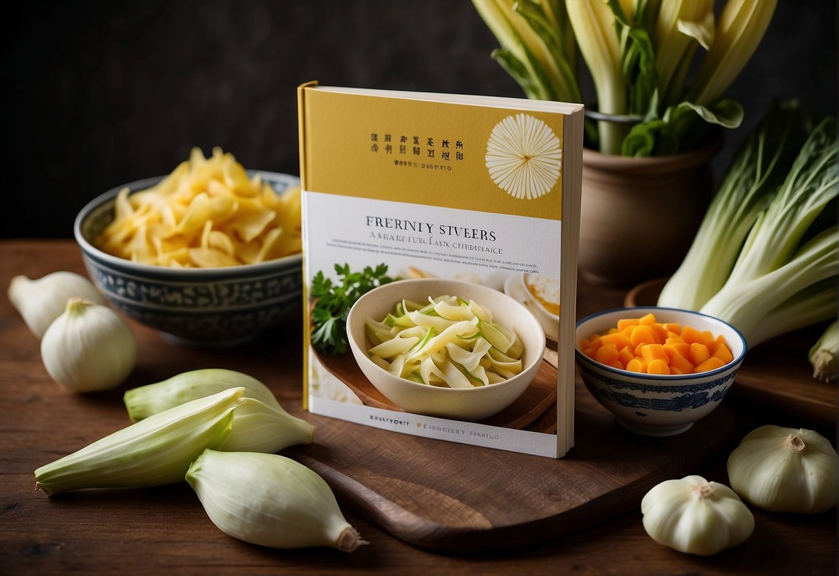 A bowl of endives and Chinese ingredients, with a recipe book open to the "Frequently Asked Questions" page