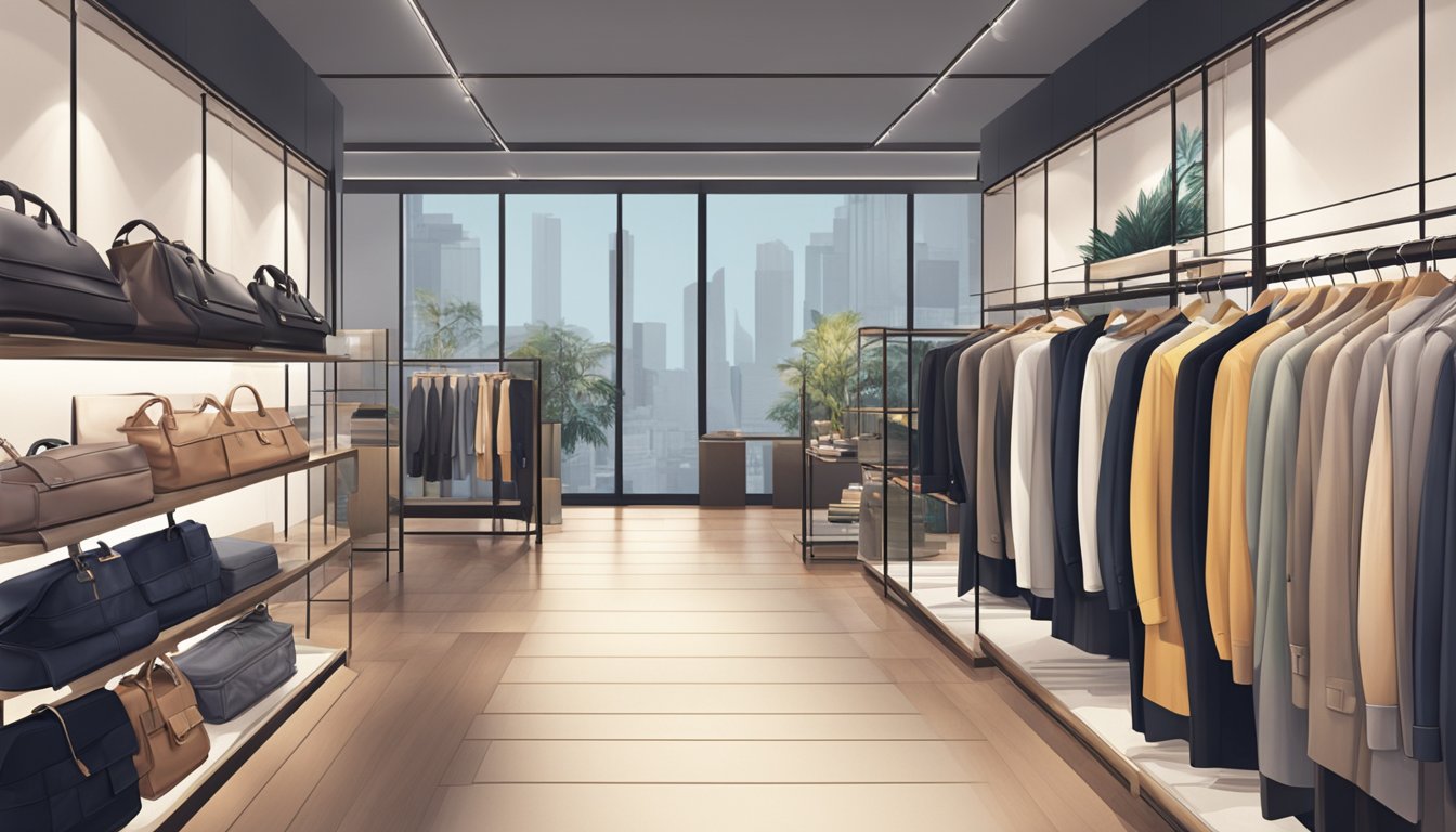 A modern boutique in Singapore displays a variety of stylish clothing items on sleek racks and shelves, with soft lighting creating a welcoming ambiance