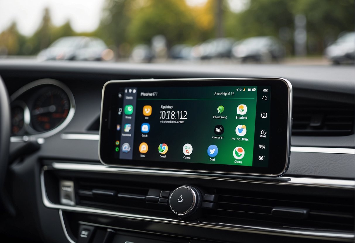 A smartphone with the Android Auto app open, displayed on a car's dashboard screen