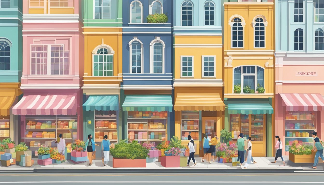 Vibrant storefronts display an array of gift boxes in Singapore's bustling shopping district