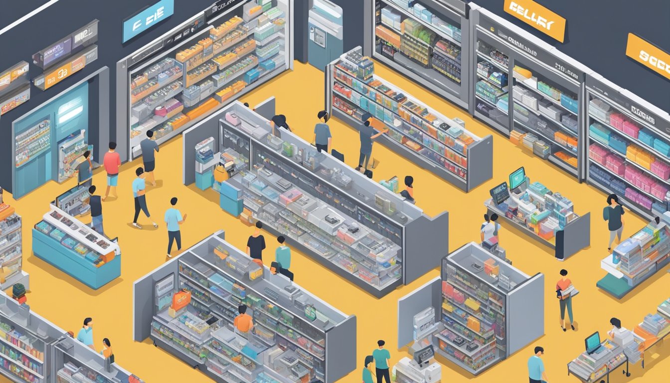 A bustling electronics store in Singapore, shelves lined with various models of drones. Customers browse and compare features, while staff assist with inquiries
