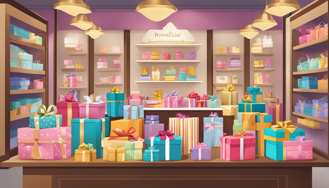 A table adorned with various gift boxes, ribbons, and decorative accessories. A sign reads "Personalise Your Gift Presentation" in a store in Singapore