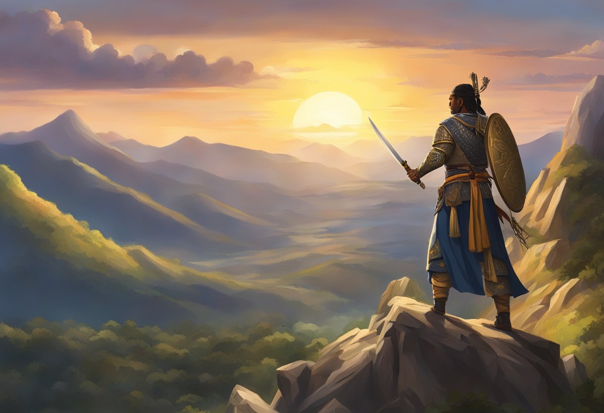 Datu Zula stands atop a mountain, overlooking his kingdom. The sun sets behind him as he raises his sword in triumph