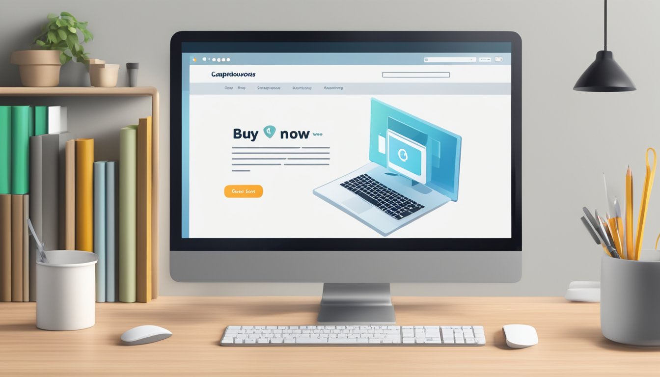 A computer screen displaying the CapitaVouchers website with a cursor clicking on the "Buy Now" button