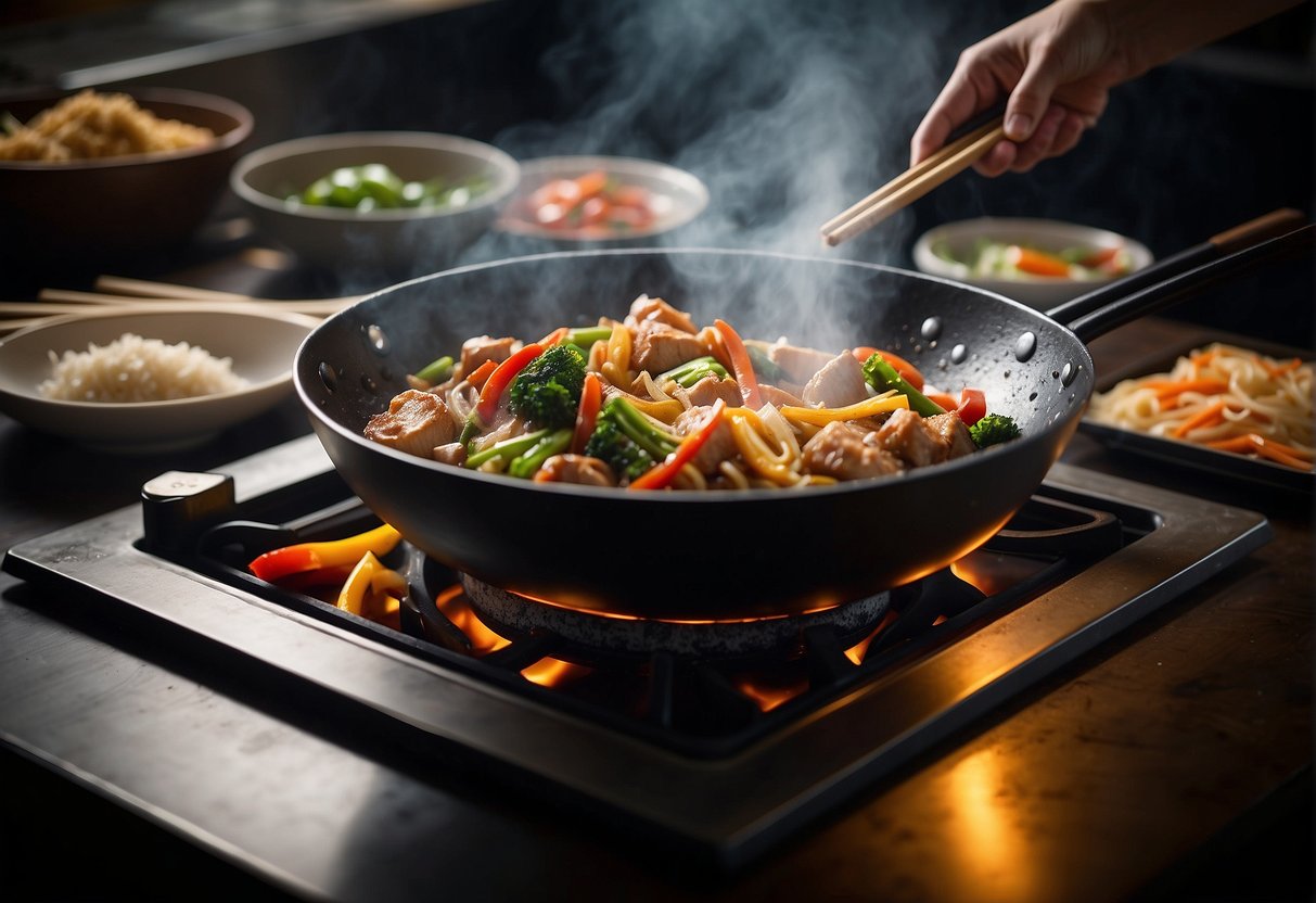 Wok sizzling with stir-fry, steam rising, chopsticks nearby. Ingredients laid out, easy recipe book open