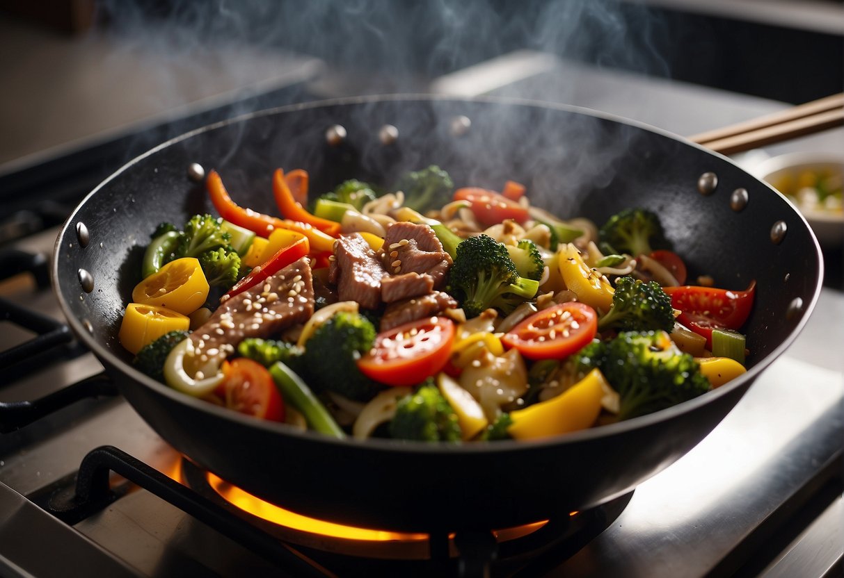A wok sizzles with stir-fried vegetables and meat. A chef adds soy sauce and spices, creating a flavorful aroma. Chopped ingredients sit nearby, ready to be added to the dish
