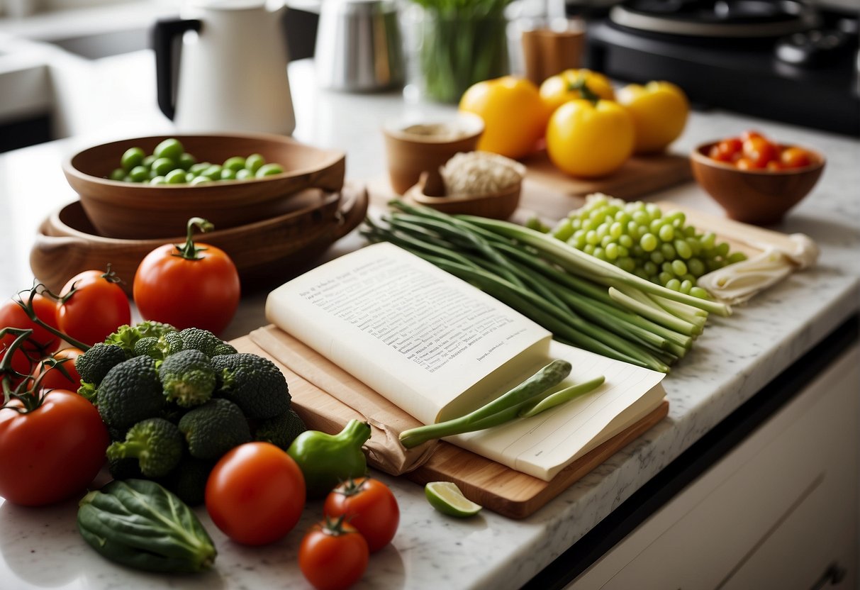 Fresh ingredients arranged on a clean countertop, with open recipe book and cooking utensils nearby