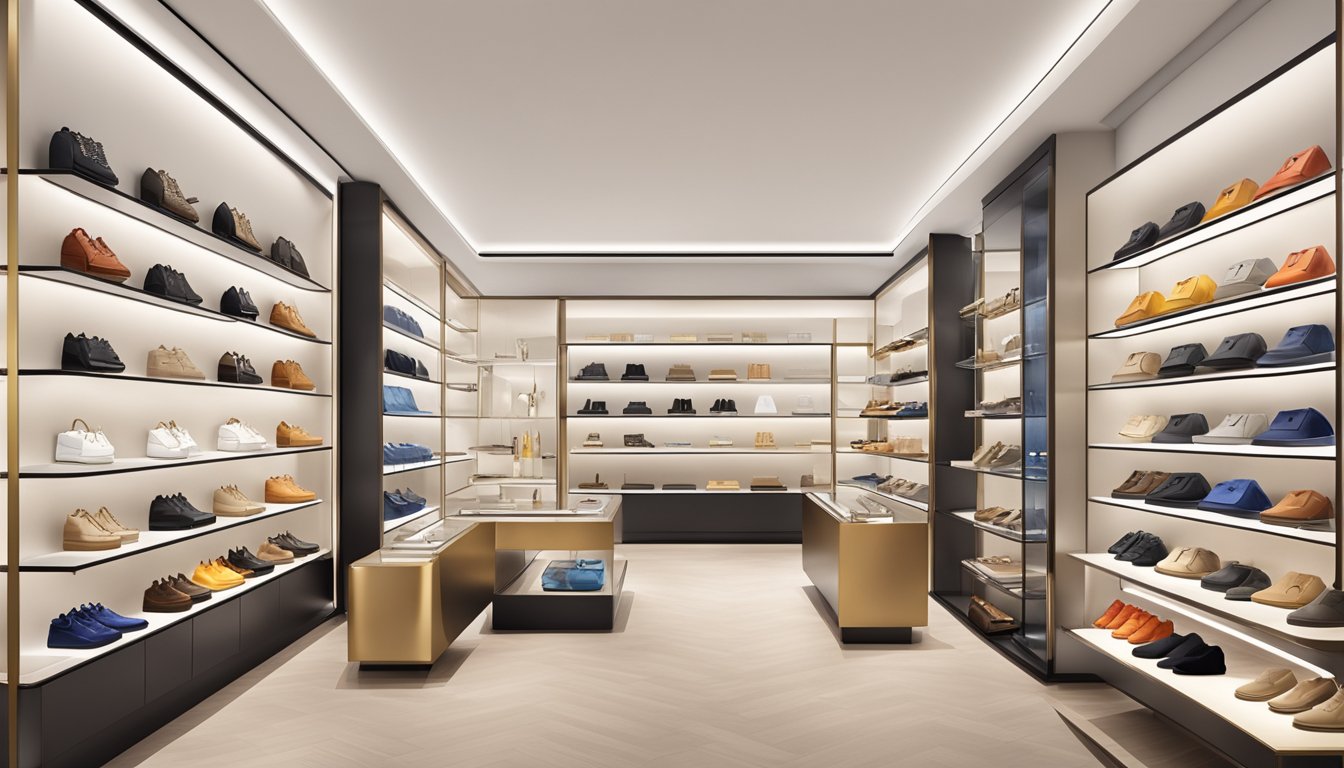 A display of luxury brands: Louis Vuitton, Dior, Givenchy, Fendi, and more, arranged on a sleek, modern shelf in a high-end boutique