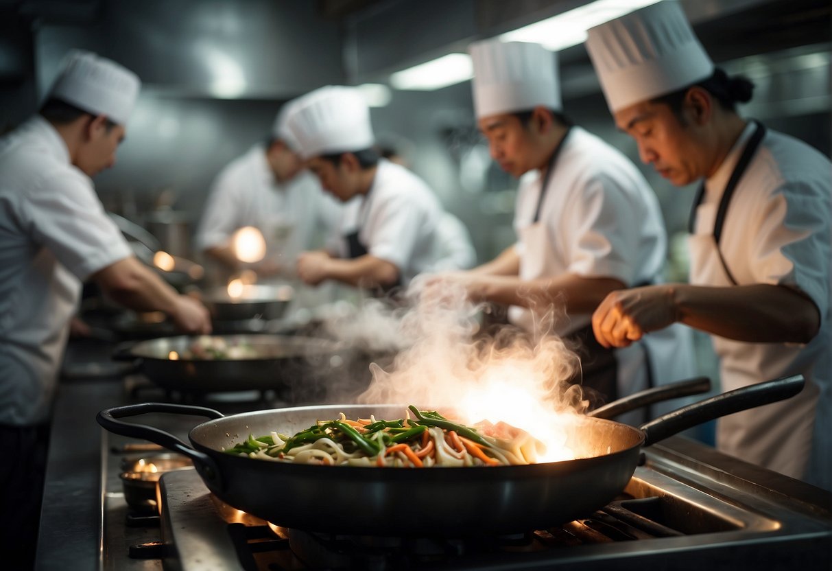 A bustling kitchen with woks sizzling, chefs chopping, and steam rising as they prepare fast and easy Chinese food recipes