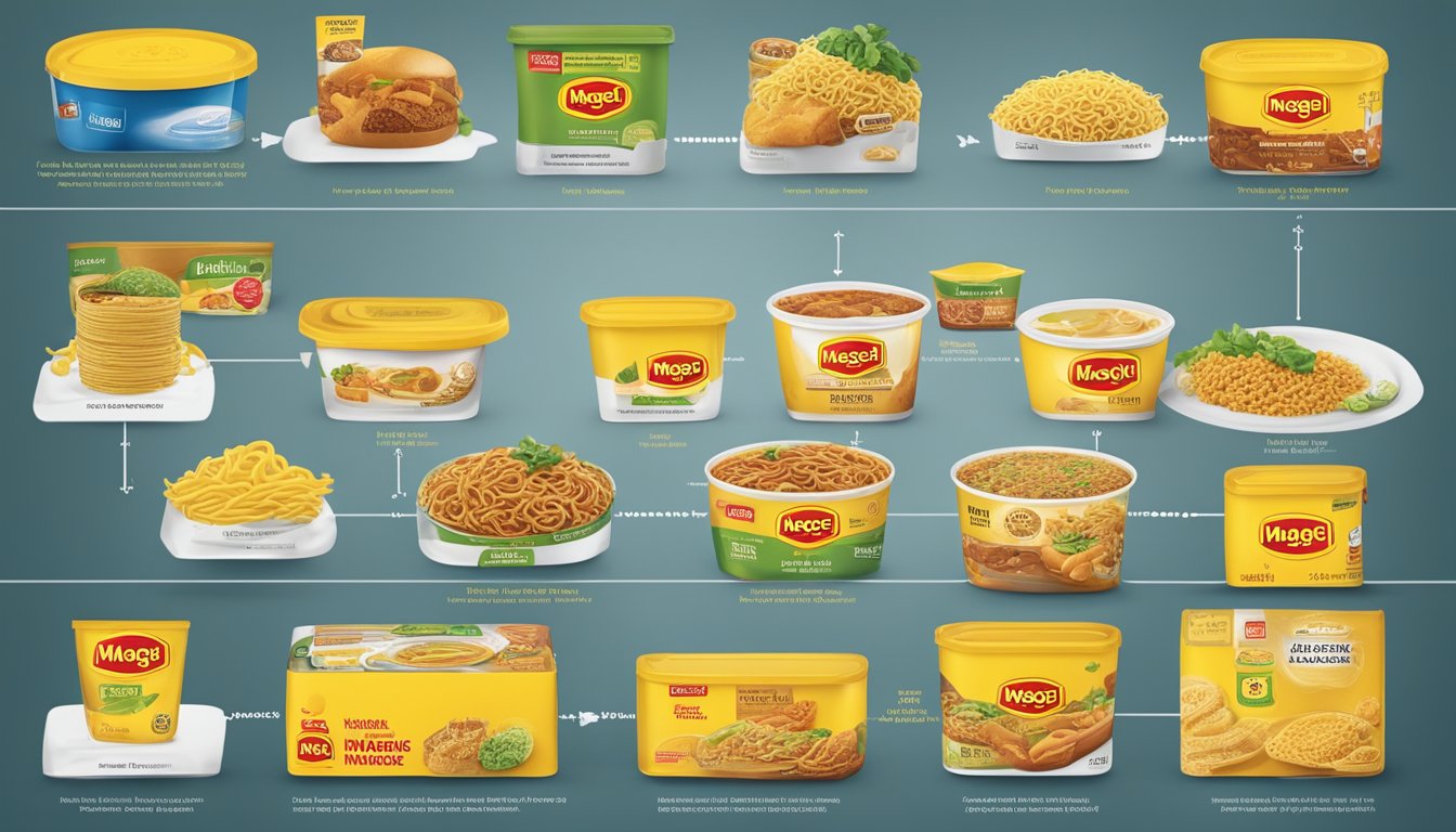 A timeline showing the evolution of Maggi Mee brand from its inception to the present, highlighting key milestones and packaging changes
