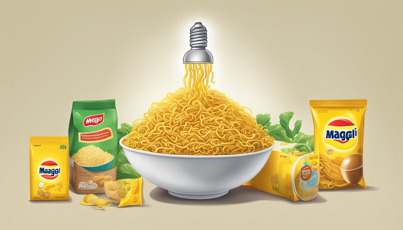 A steaming bowl of Maggi mee sits next to a stack of product packaging and a lightbulb, symbolizing innovation