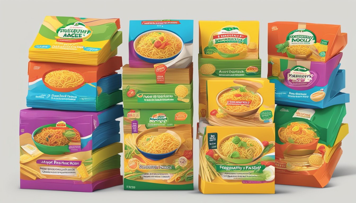 A stack of colorful "Frequently Asked Questions" cards featuring Maggi Mee brand logo, surrounded by various noodle flavors and ingredients