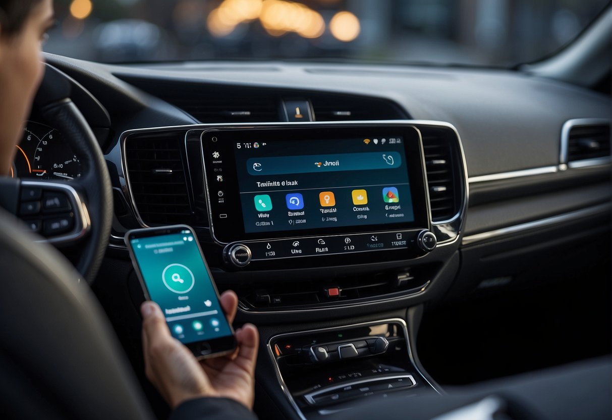 A person connects their phone to a car's infotainment system and interacts with the Android Auto interface using the touchscreen