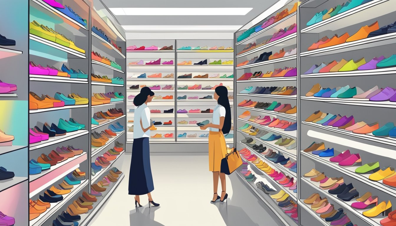A brightly lit shoe store in Singapore displays rows of colorful heels on sleek shelves. Customers browse the selection, while a salesperson assists a shopper