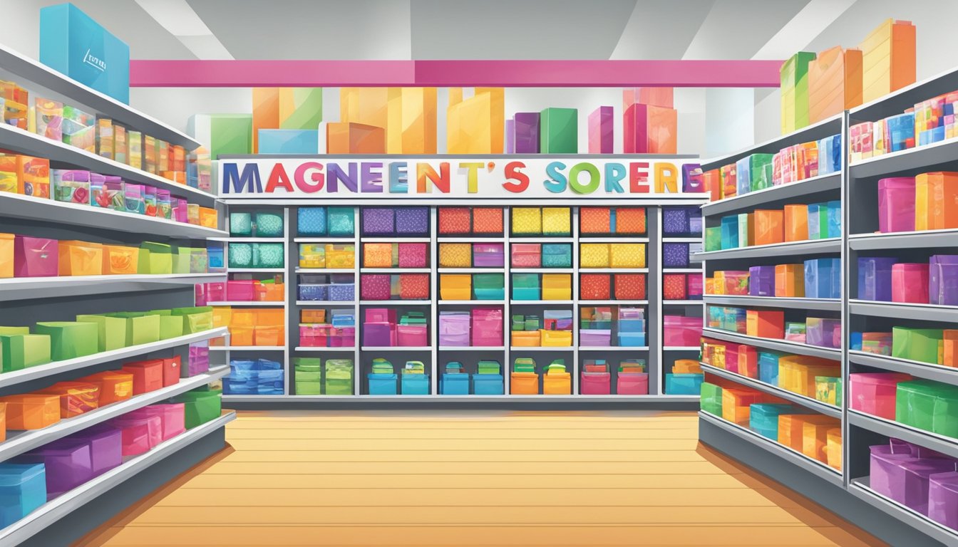 A bright and modern store in Singapore displays various colorful magnets on shelves, with a sign indicating "Magnet Store" in bold letters