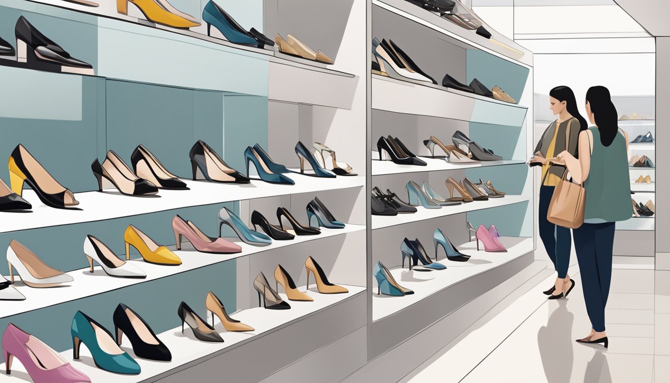 Shoppers exploring Heel Havens in Singapore, admiring rows of stylish heels in a modern, sleek boutique setting