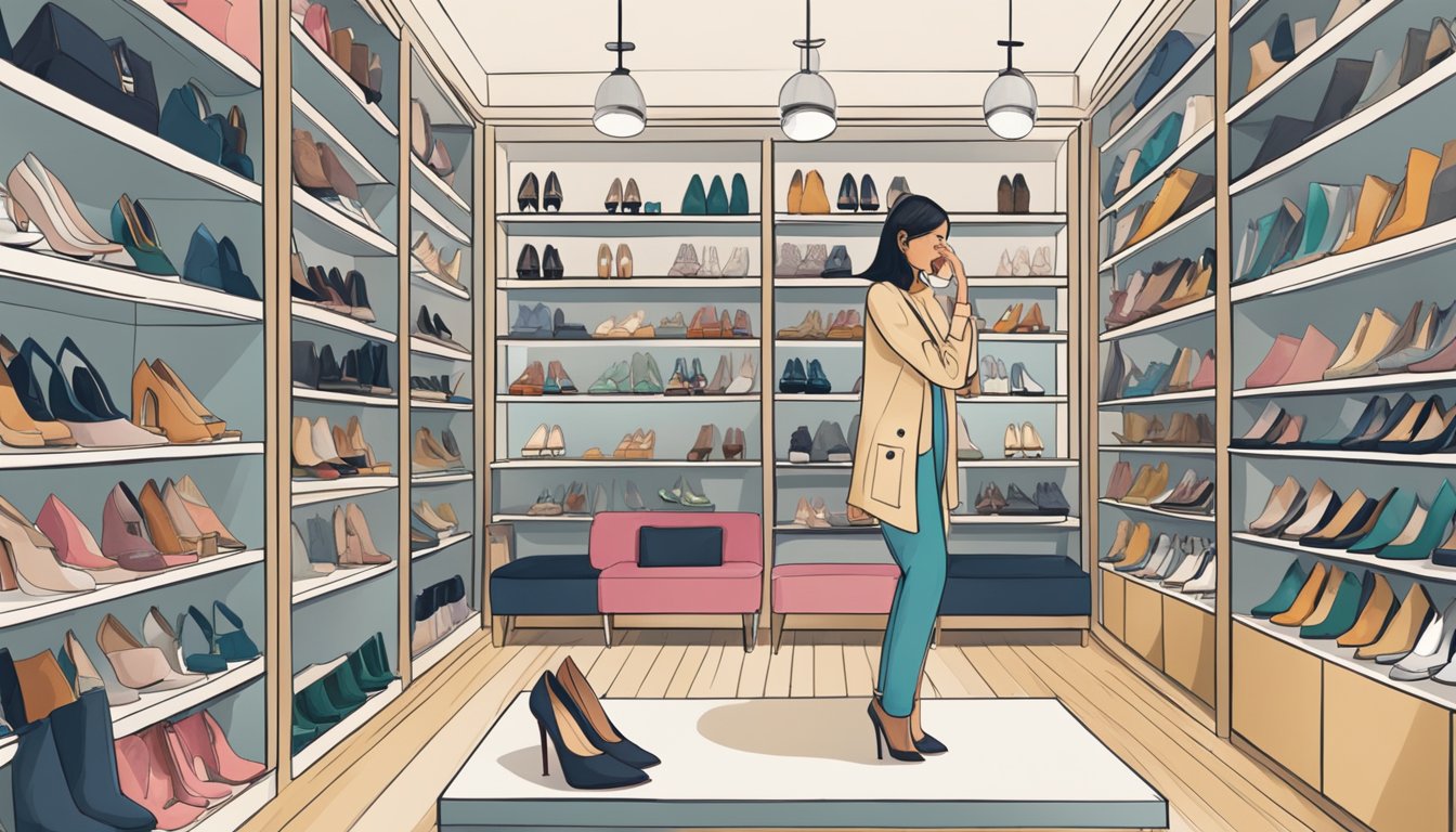 A stylish woman trying on heels at a boutique in Singapore, surrounded by shelves of various shoe styles and comfortable seating options