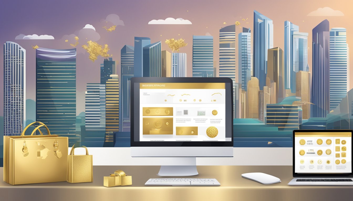 A computer screen displaying a website with a sleek design, showcasing various gold products available for purchase, with the skyline of Singapore in the background