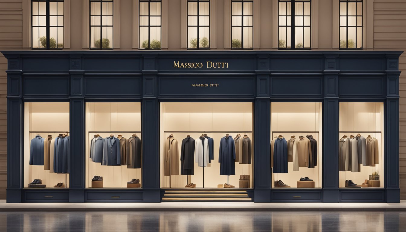A row of elegant storefronts display Massimo Dutti and similar brands. Windows showcase sophisticated clothing and accessories