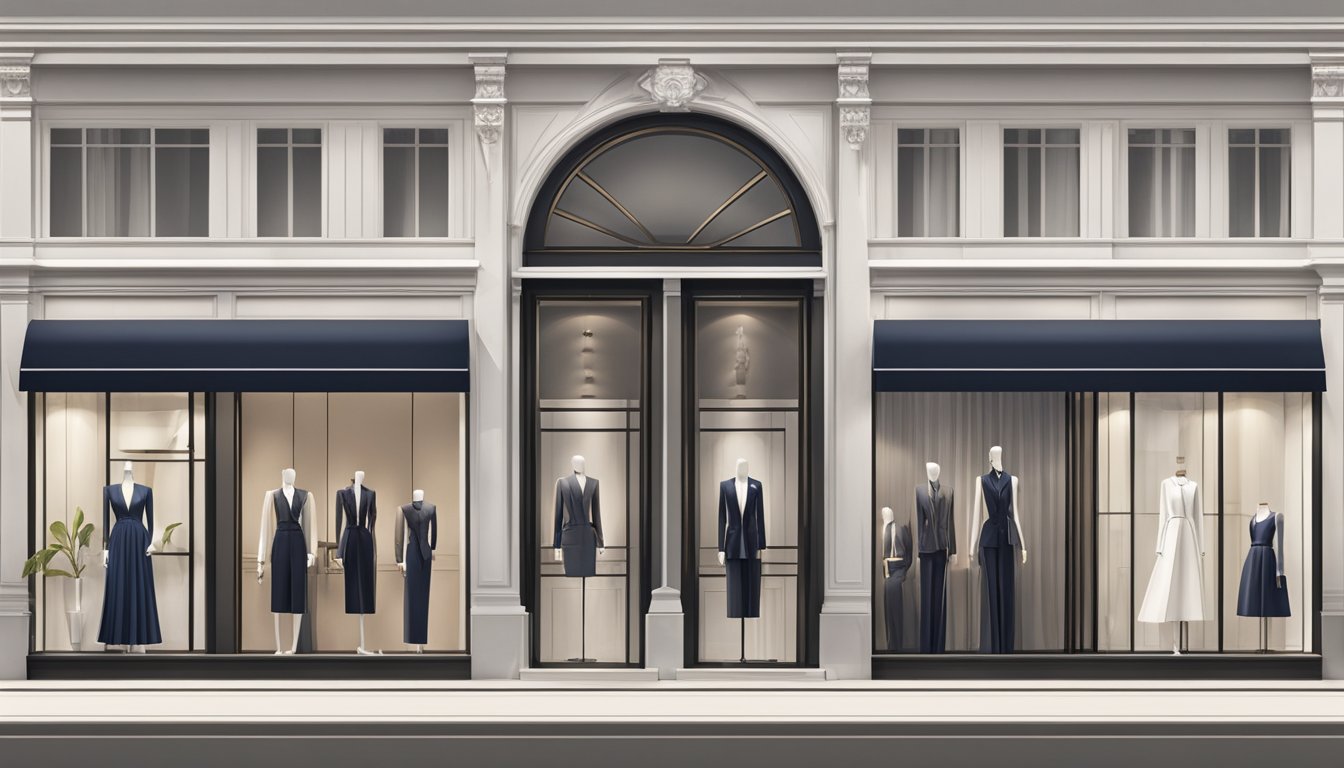 A row of elegant storefronts, each bearing a sleek and modern logo, with stylish mannequins displaying high-end clothing in the windows