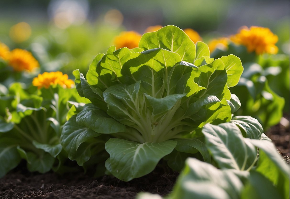 Lettuce surrounded by natural pest deterrents like marigolds and garlic, with a physical barrier like a mesh netting to keep pests away