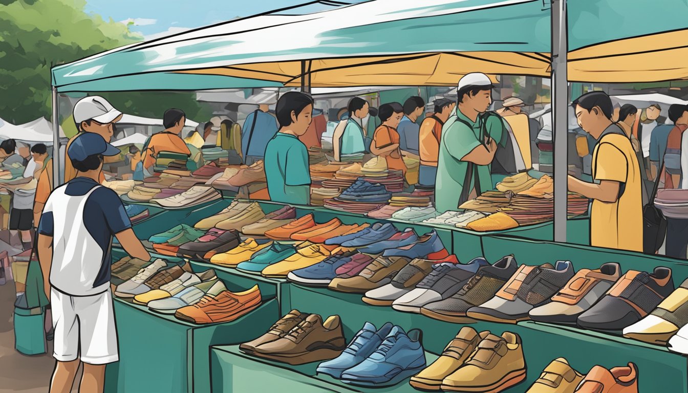 A bustling outdoor market in Singapore showcases a variety of Salomon shoes on display at a vendor's stall