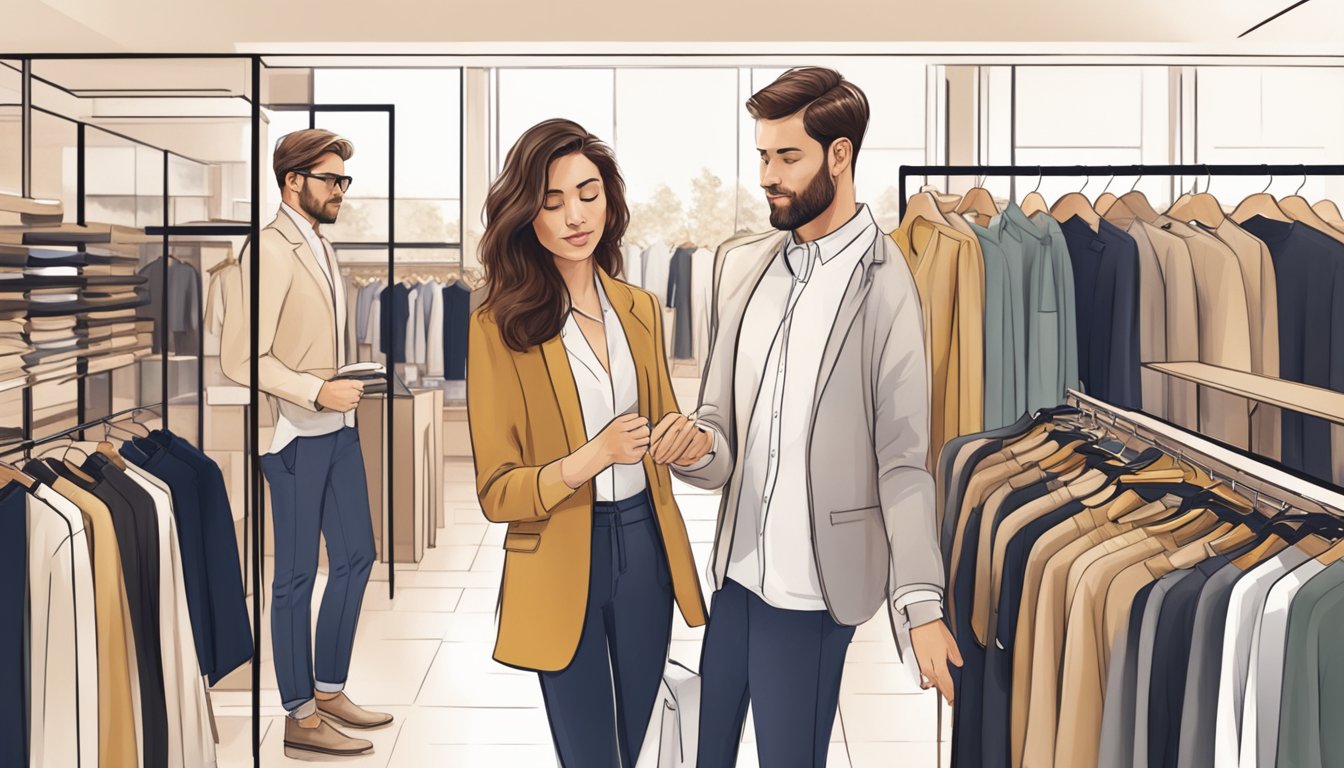Customers browsing through racks, trying on clothes, and receiving assistance from staff at Massimo Dutti or similar fashion brands