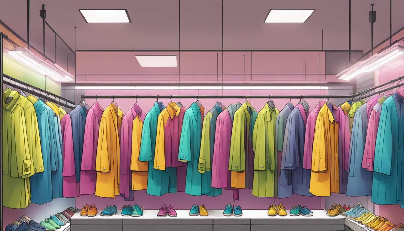 A colorful array of raincoats on display in a modern Singaporean shop. Bright lights illuminate the racks, showcasing a variety of styles and sizes for customers to choose from